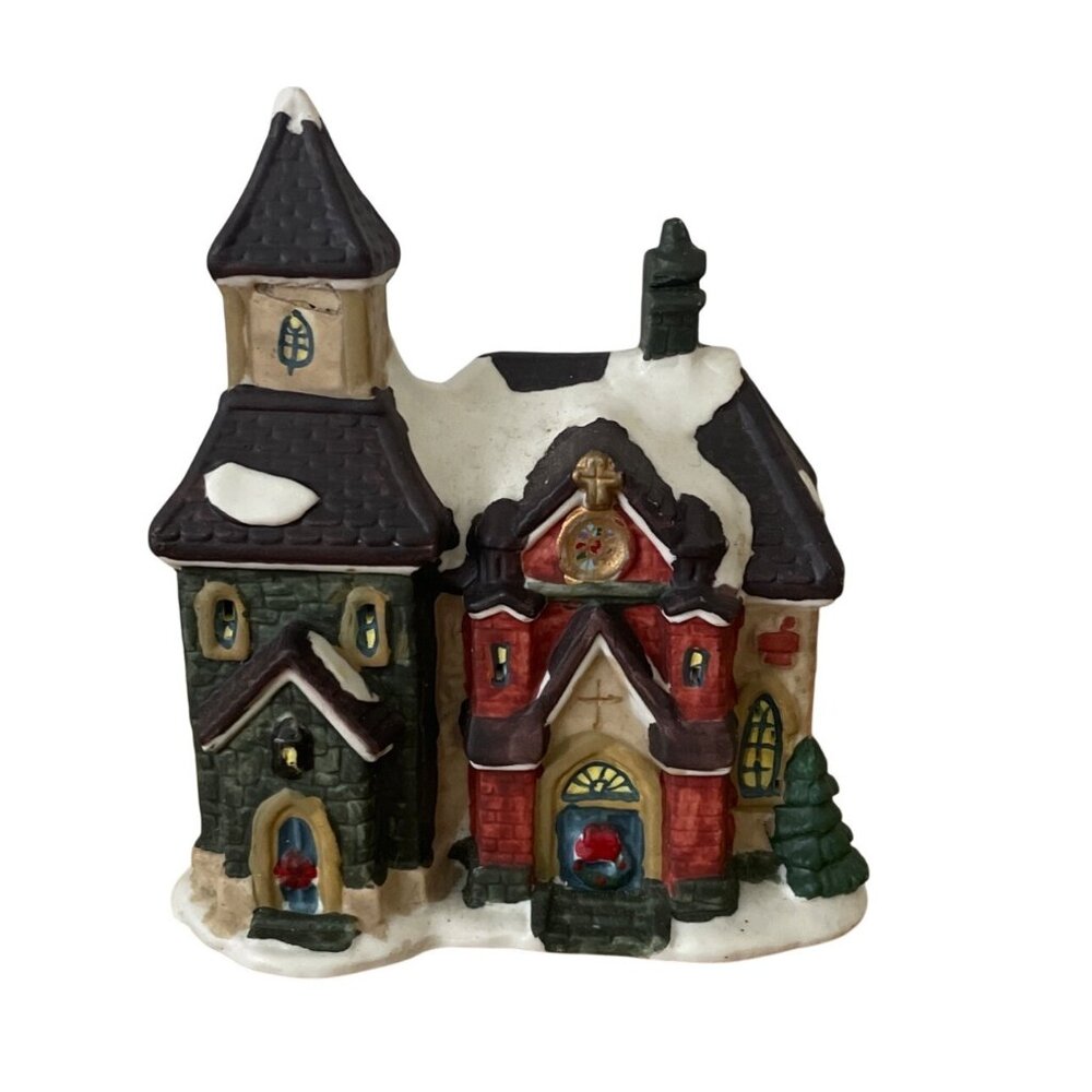 Vtg Holiday Traditions Christmas Village Victorian Church Hand Painted Ceramic